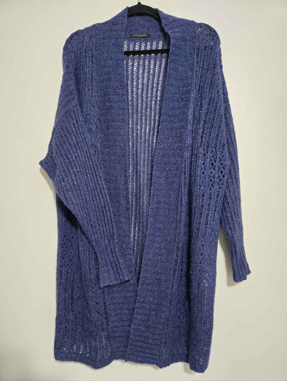 Marina Rinaldi Women's Blue Open Knit Longline Cardigan Sweater Aplaca Wool L